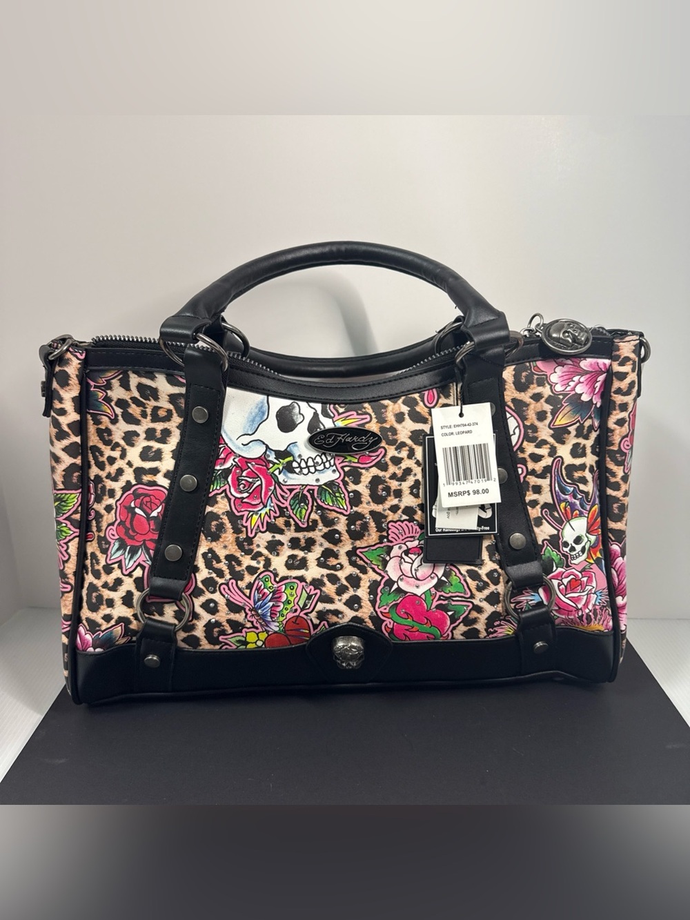 Ed Hardy Leopard Floral Skull Satchel - Pink/Black/Tan